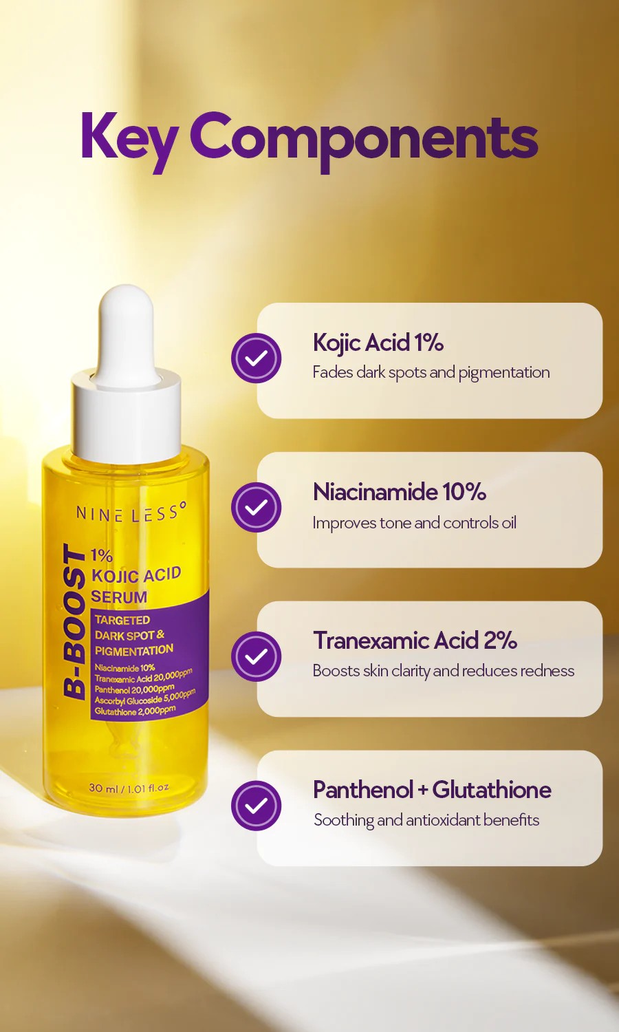 سيروم كوجيك أسيد 1٪ لتفتيح التصبغات وتوحيد البشرة – 30 مل NINE LESS B-Boost 1% Kojic Acid Serum 30ml