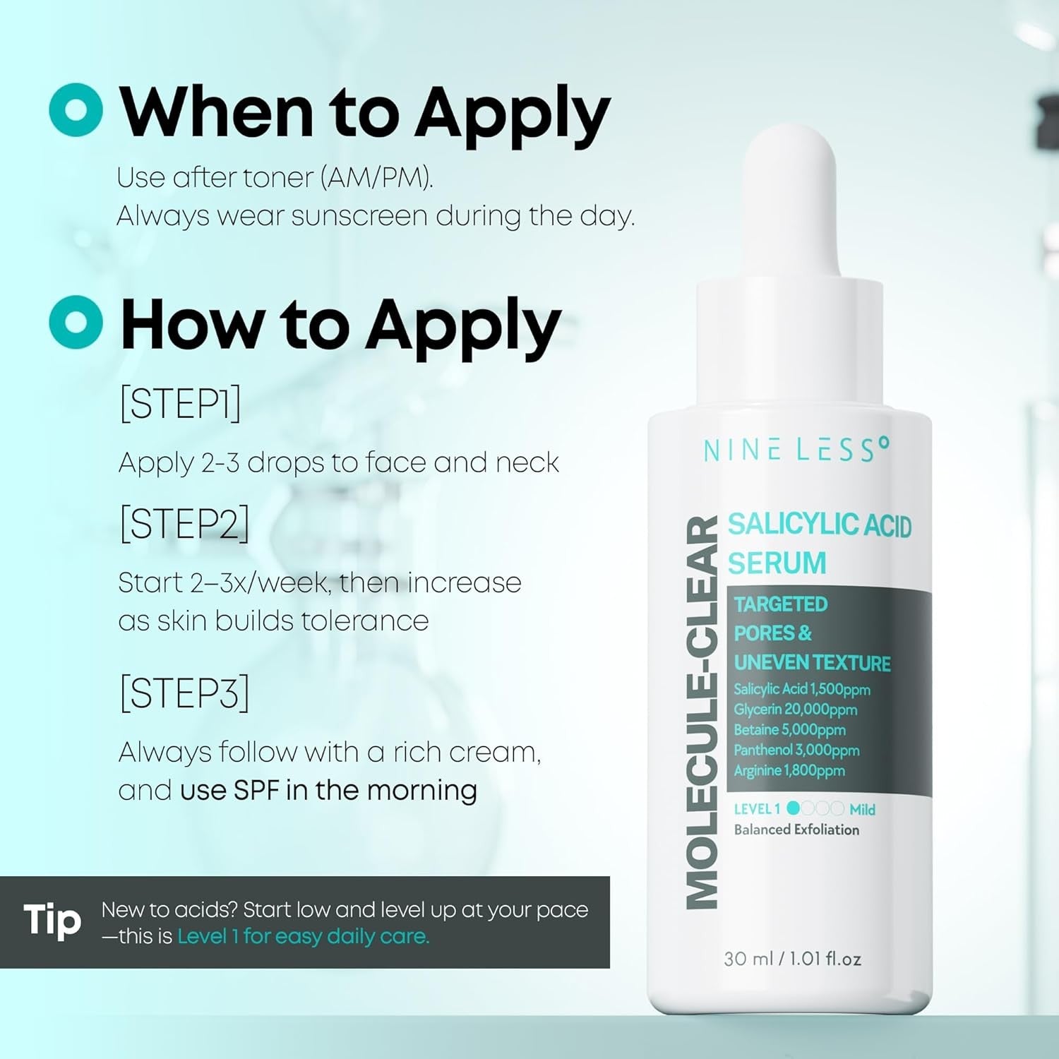 nineless salicylic acid serum molecule-clear 30ml |ناين ليس سالساليك أسد سيروم ٣٠ مل