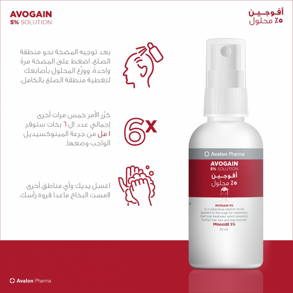 Avalon Pharma Avogain 5% Minoxidil solution Spray - 50ml | افالون فارماأفوجين 5% محلول مائي مينوكسيديل بخاخ - 50 مل