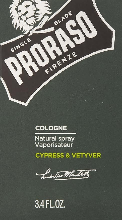عطر Proraso Cypress & Vetyver Cologne (بروراسو سايبرس آند فيتيفر)، وهو ماء كولونيا إيطالي الصنع. هذا العطر جزء من مجموعة "Single Blade"