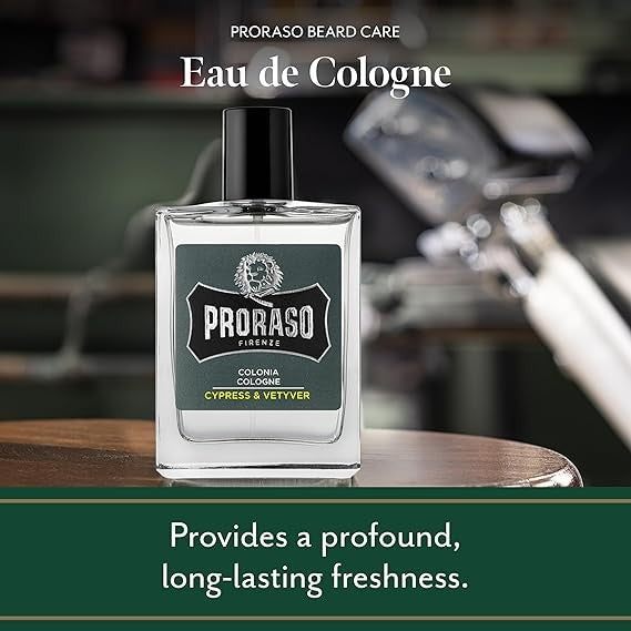 عطر Proraso Cypress & Vetyver Cologne (بروراسو سايبرس آند فيتيفر)، وهو ماء كولونيا إيطالي الصنع. هذا العطر جزء من مجموعة "Single Blade"