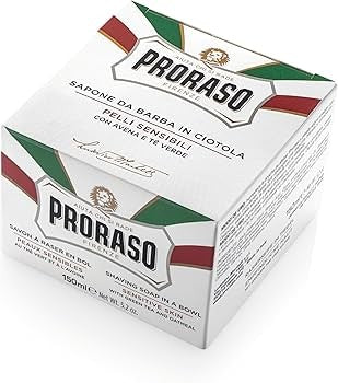 صابون الحلاقة بروراسو (Proraso) للبشرة الحساسة، وهو صابون إيطالي تقليدي يأتي في وعاء بلاستيكي سعة 150 مل. يتميز بتركيبته المخصصة لتقليل التهيج والاحمرار الناتج عن الحلاقة،