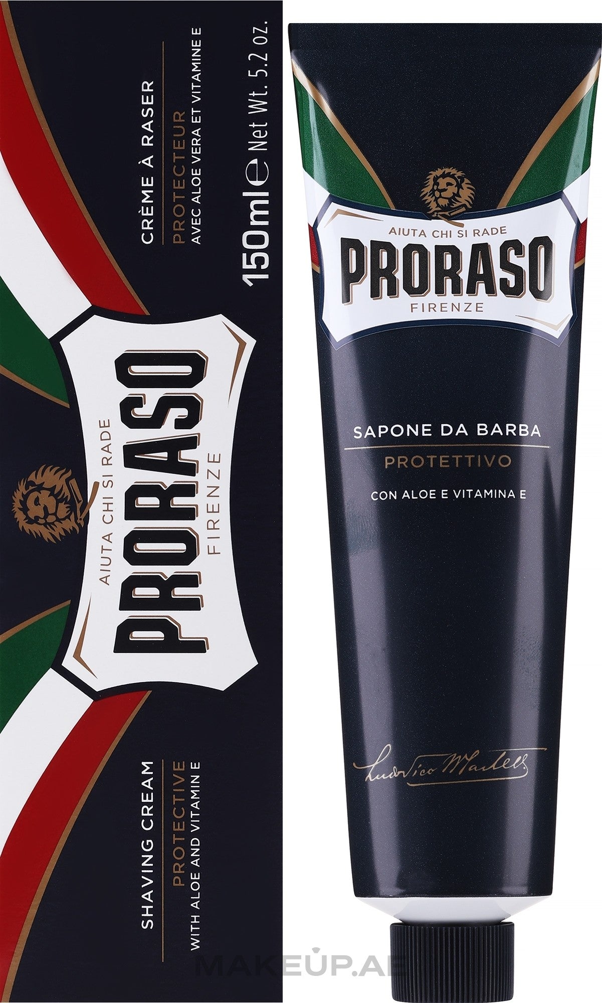 كريم الحلاقة بروراسو (Proraso) من "الخط الأزرق"، وهو مخصص للحماية والترطيب بفضل تركيبته الغنية بالصبار وفيتامين
