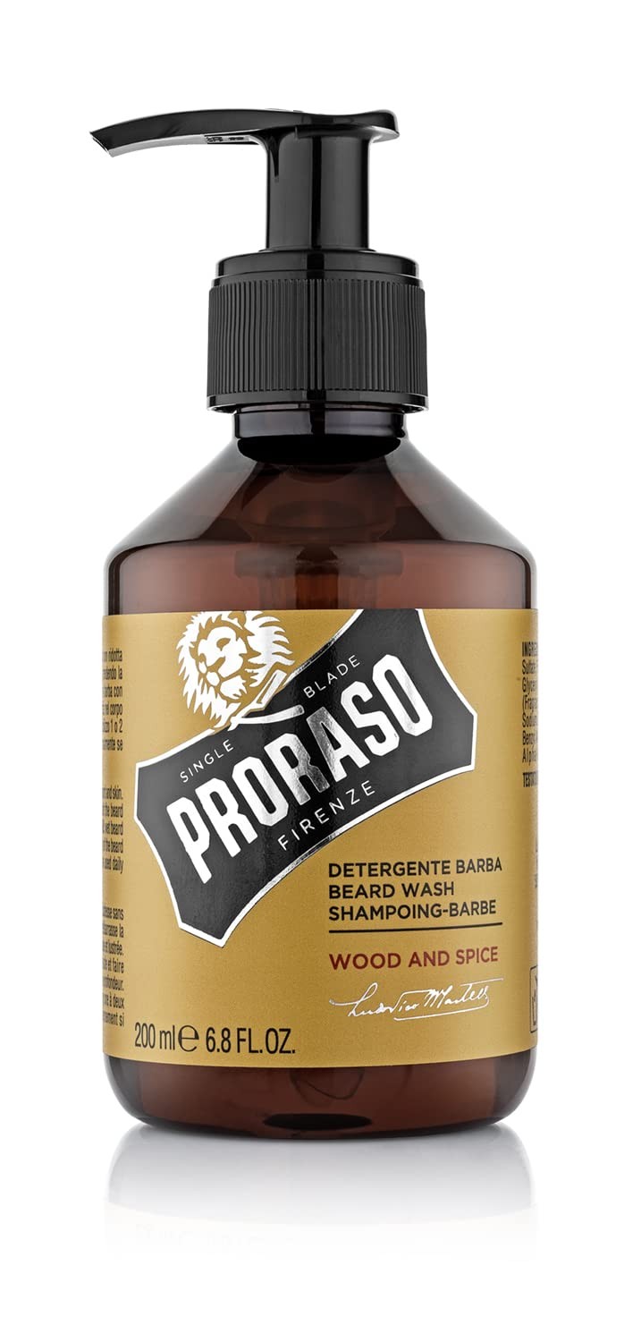 هو غسول اللحية بروراسو (Proraso Beard Wash) برائحة الأخشاب والتوابل (Wood and Spice).