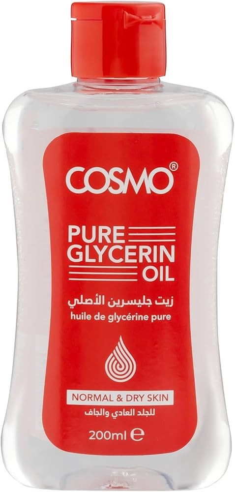 زيت الجليسرين النقي من كوزمو (Cosmo Pure Glycerin Oil). وهو عبارة عن مرطب طبيعي شفاف مصمم خصيصاً للعناية بالبشرة العادية والجافة.