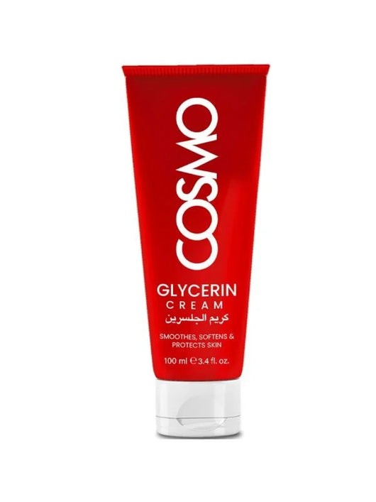 كريم كوزمو جليسرين (COSMO Glycerin Cream) في عبوة عصار حمراء. هو كريم مرطب مصمم لتوفير ترطيب عميق وحماية للبشرة من الجفاف والتشقق