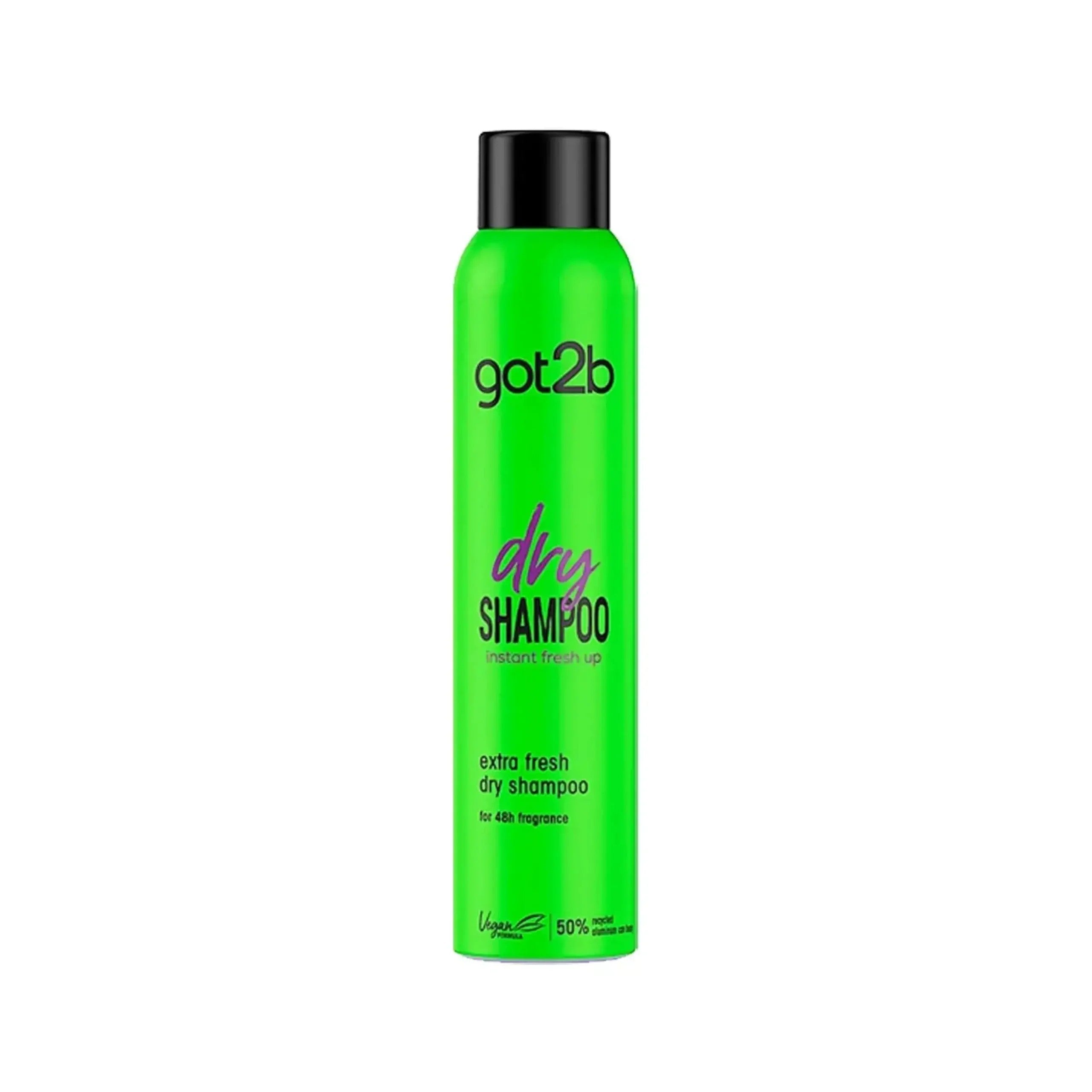 شامبو جاف (got2b Fresh It Up Dry Shampoo) من شركة شوارزكوف. هذا النوع تحديداً هو النسخة الخضراء المسماة "Extra Fresh"، وهو مصمم لتنظيف الشعر وإنعاشه