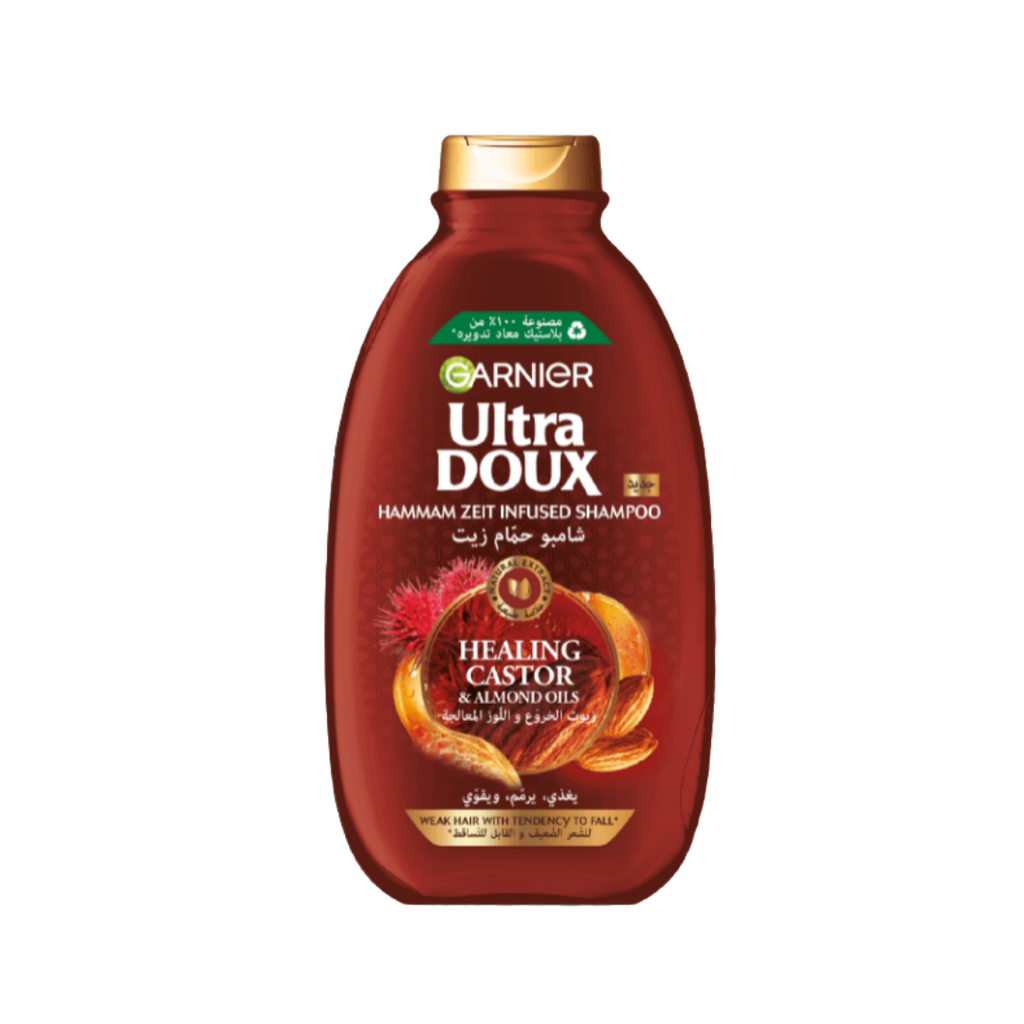 Garnier Ultra Doux Healing Castor & Almond Oil Shampoo - 400ml | غارنييه الترا دو شامبو بزيت الخروع وزيت اللوز للشعر الضعيف والقابل للتساقط - 400 مل