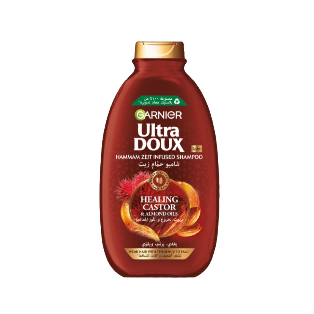 Garnier Ultra Doux Healing Castor & Almond Oil Shampoo - 400ml | غارنييه الترا دو شامبو بزيت الخروع وزيت اللوز للشعر الضعيف والقابل للتساقط - 400 مل