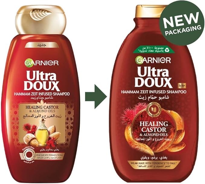 Garnier Ultra Doux Healing Castor & Almond Oil Shampoo - 400ml | غارنييه الترا دو شامبو بزيت الخروع وزيت اللوز للشعر الضعيف والقابل للتساقط - 400 مل