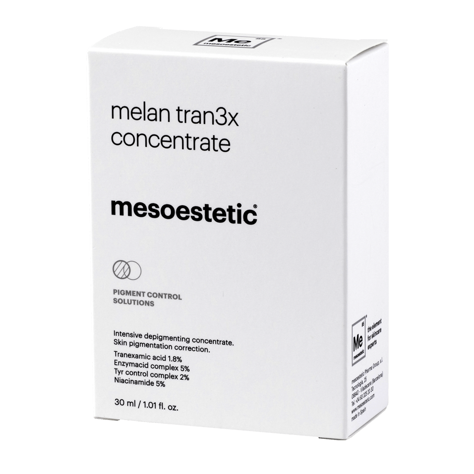 Melan Tran3x Concentrate من شركة Mesoestetic، وهو سيروم مكثف مصمم خصيصاً لعلاج التصبغات الجلدية والبقع الداكنة