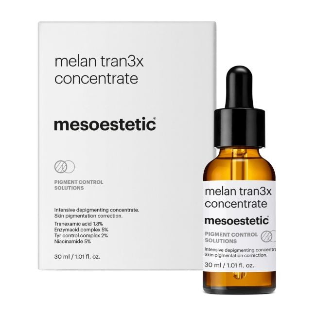 Melan Tran3x Concentrate من شركة Mesoestetic، وهو سيروم مكثف مصمم خصيصاً لعلاج التصبغات الجلدية والبقع الداكنة
