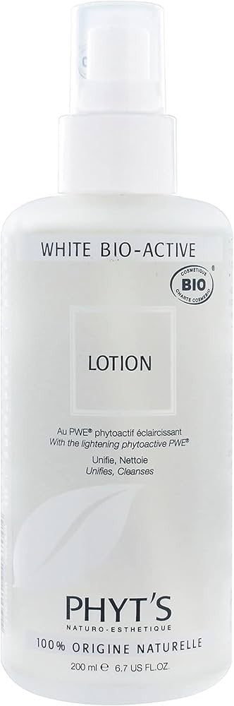 PHYT'S White Bio-Active Lotion، وهو لوشن (تونر) طبيعي وعضوي بنسبة 100% مصمم خصيصاً للبشرة التي تعاني من بقع التصبغ وعدم توحد اللون.
