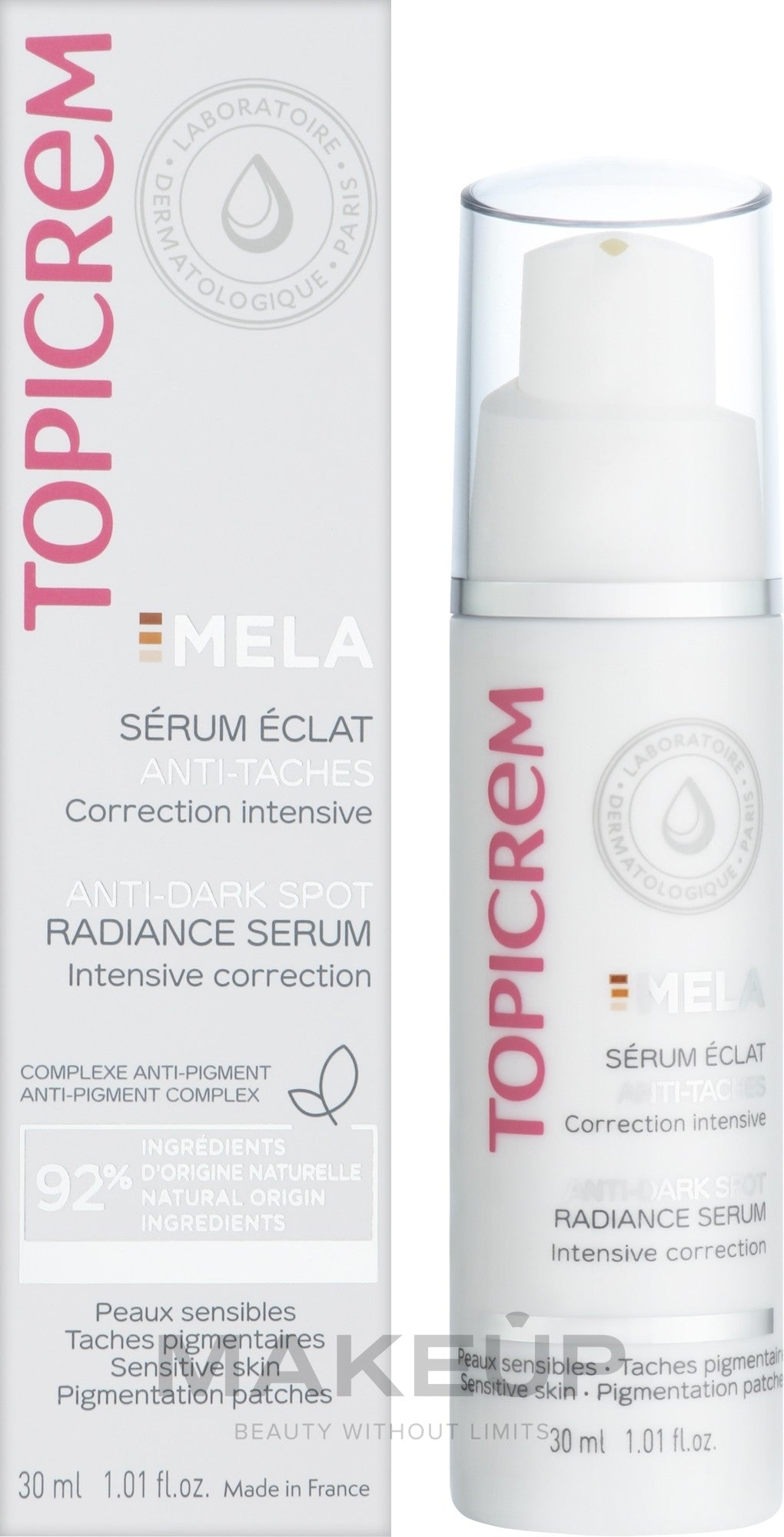 سيروم Topicrem MELA Anti-Dark Spot Radiance Serum، وهو سيروم مركز مصمم لتصحيح البقع الداكنة وتوحيد لون البشرة.