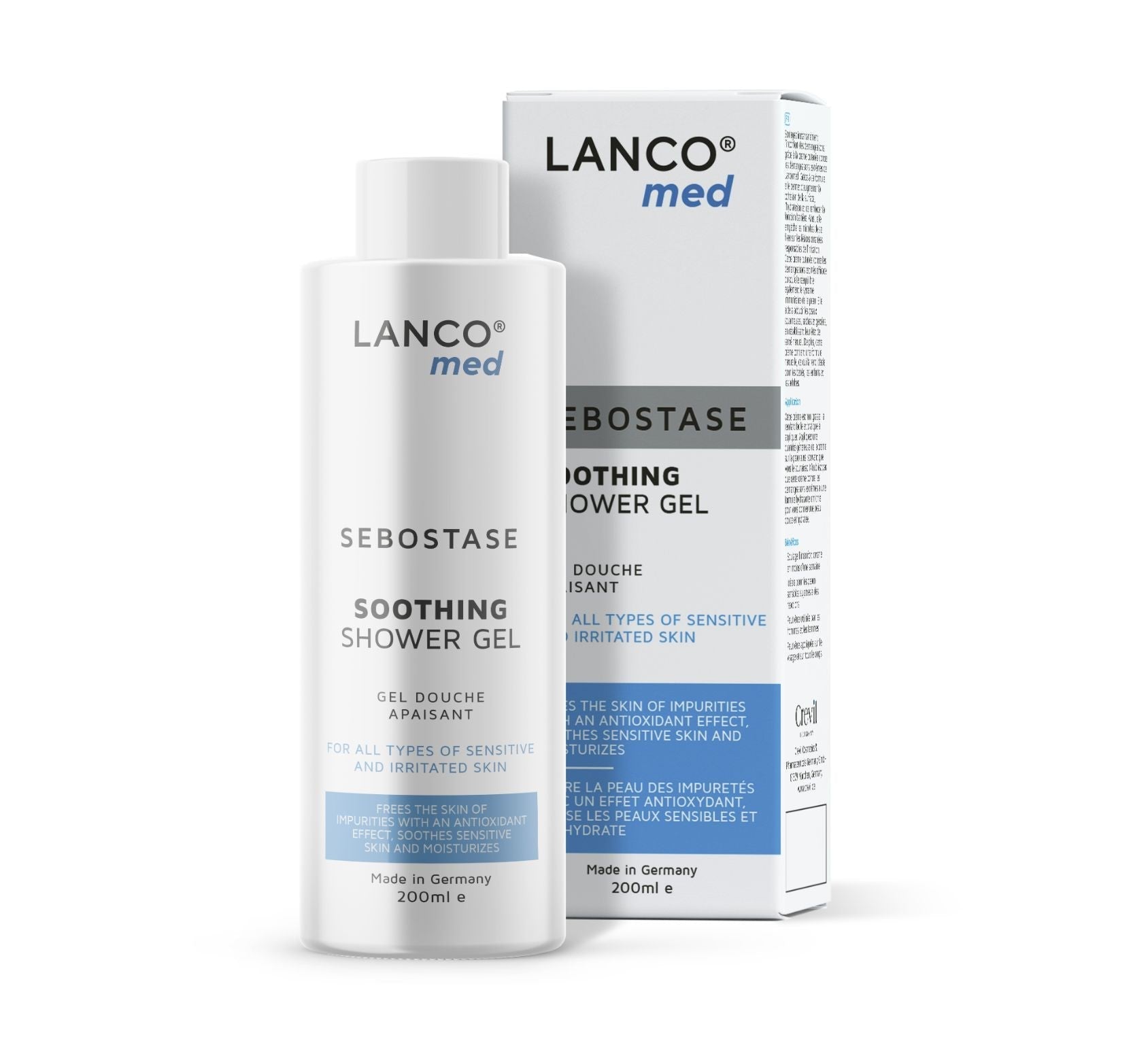 Lancomed Sebostase Soothing Shower Gel، وهو جل استحمام ملطف مخصص للعناية بالبشرة الحساسة والمتهيجة