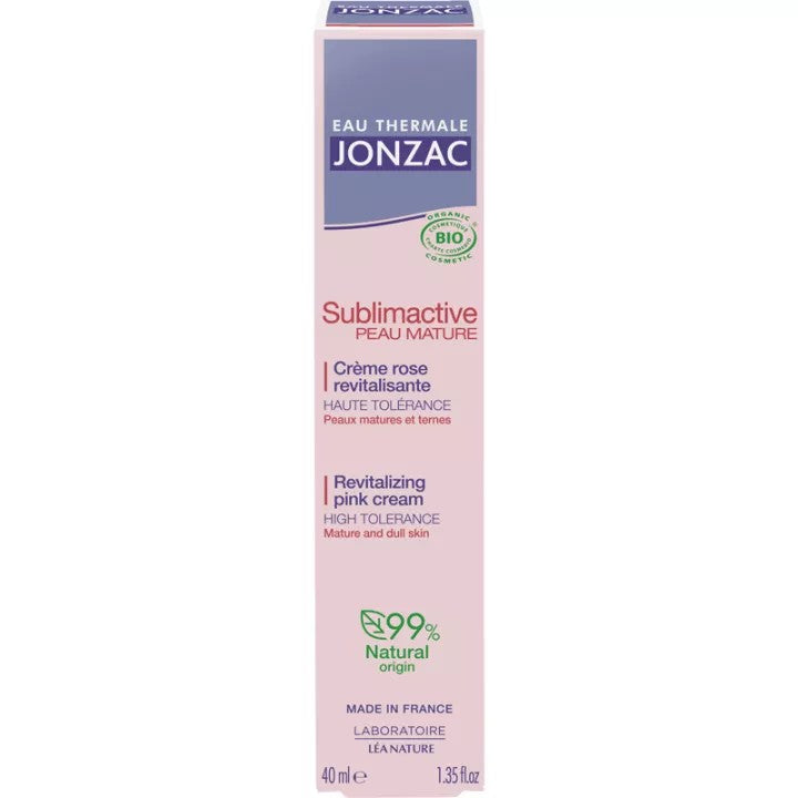 Eau Thermale Jonzac Sublimactive Peau Mature Revitalizing Pink Cream، وهو كريم نهاري مخصص للعناية بالبشرة الناضجة والبهتان، صُمم بمكونات طبيعية بنسبة 99% وحاصل على شهادة عضوية.