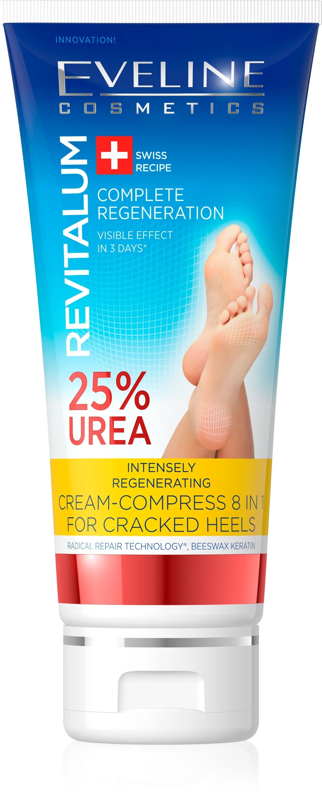 Eveline Revitalum بتركيز 25% يوريا (Urea)، وهو منتج مصمم خصيصاً للعناية المكثفة بالقدمين. يعمل هذا الكريم كـ "كمادة"