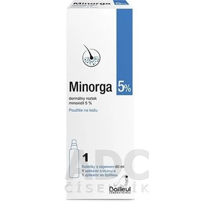 محلول Minorga 5% (مينورغا)، وهو منتج جلدي يحتوي على المادة الفعالة مينوكسيديل بتركيز 5%