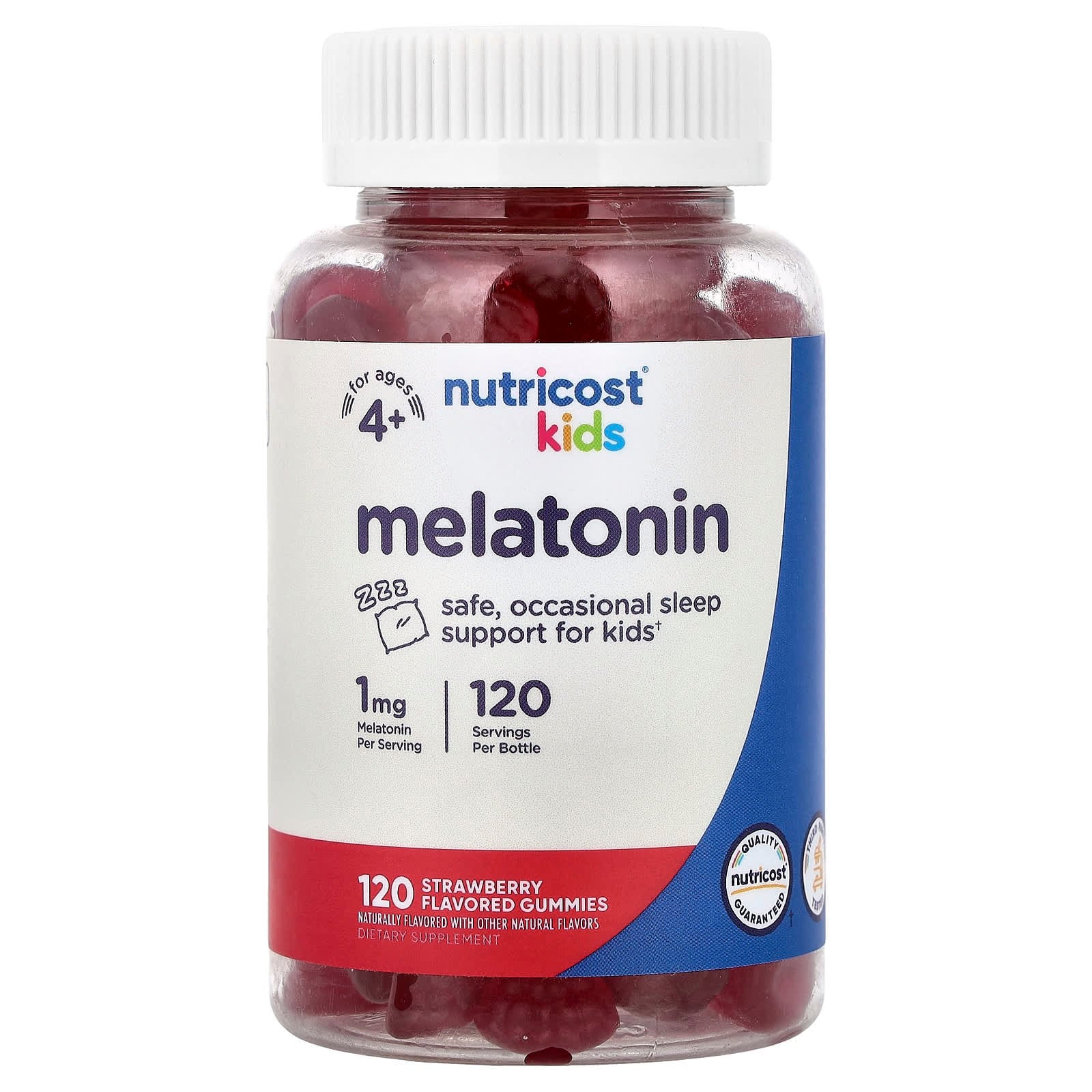 مكمل غذائي من ماركة Nutricost على شكل حلوى جيلاتينية (Gummies) بنكهة الفراولة لدعم نوم الأطفال.