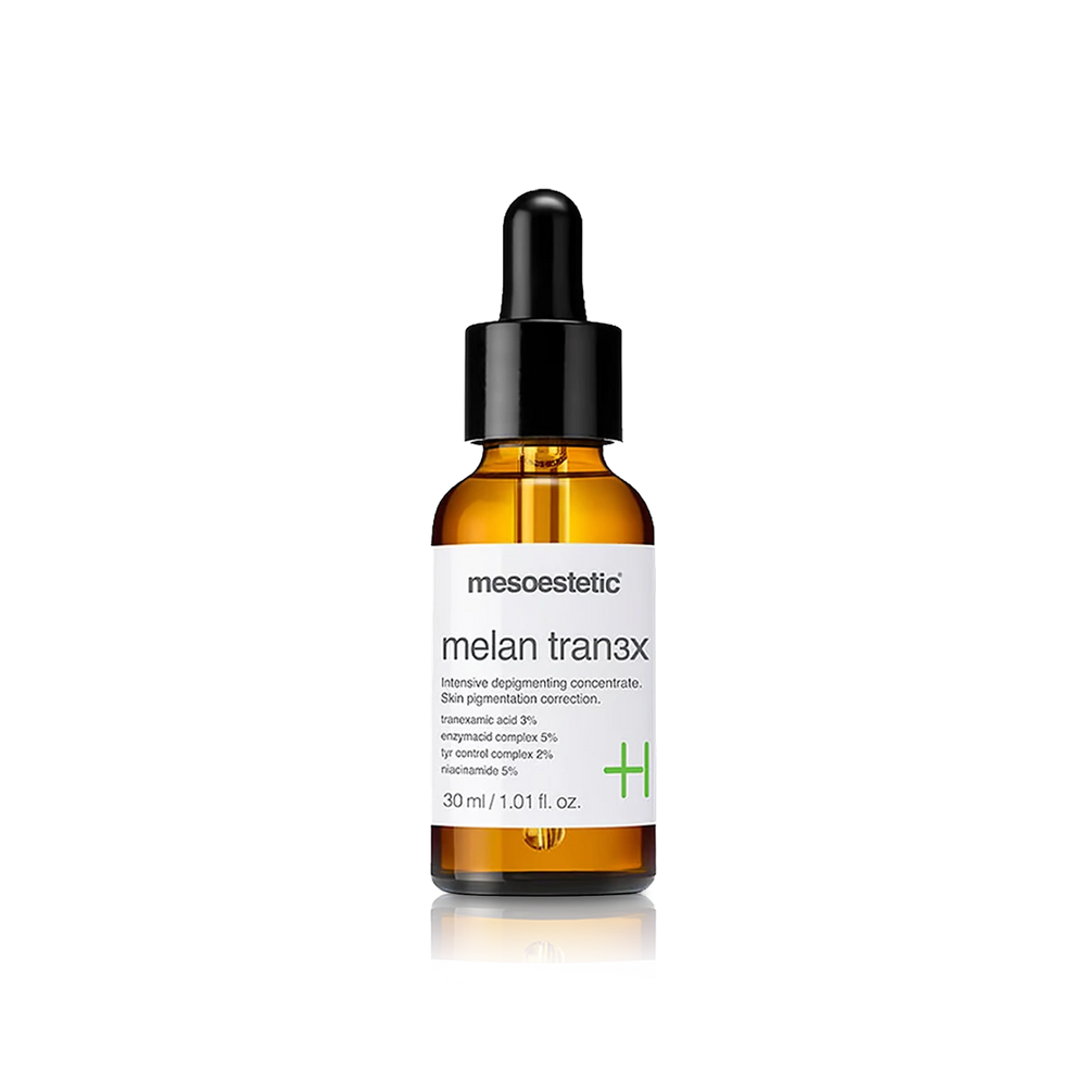 Mesoestetic Melan Tran3x Concentrate، وهو سيروم مكثف مصمم خصيصاً لعلاج تصبغات البشرة