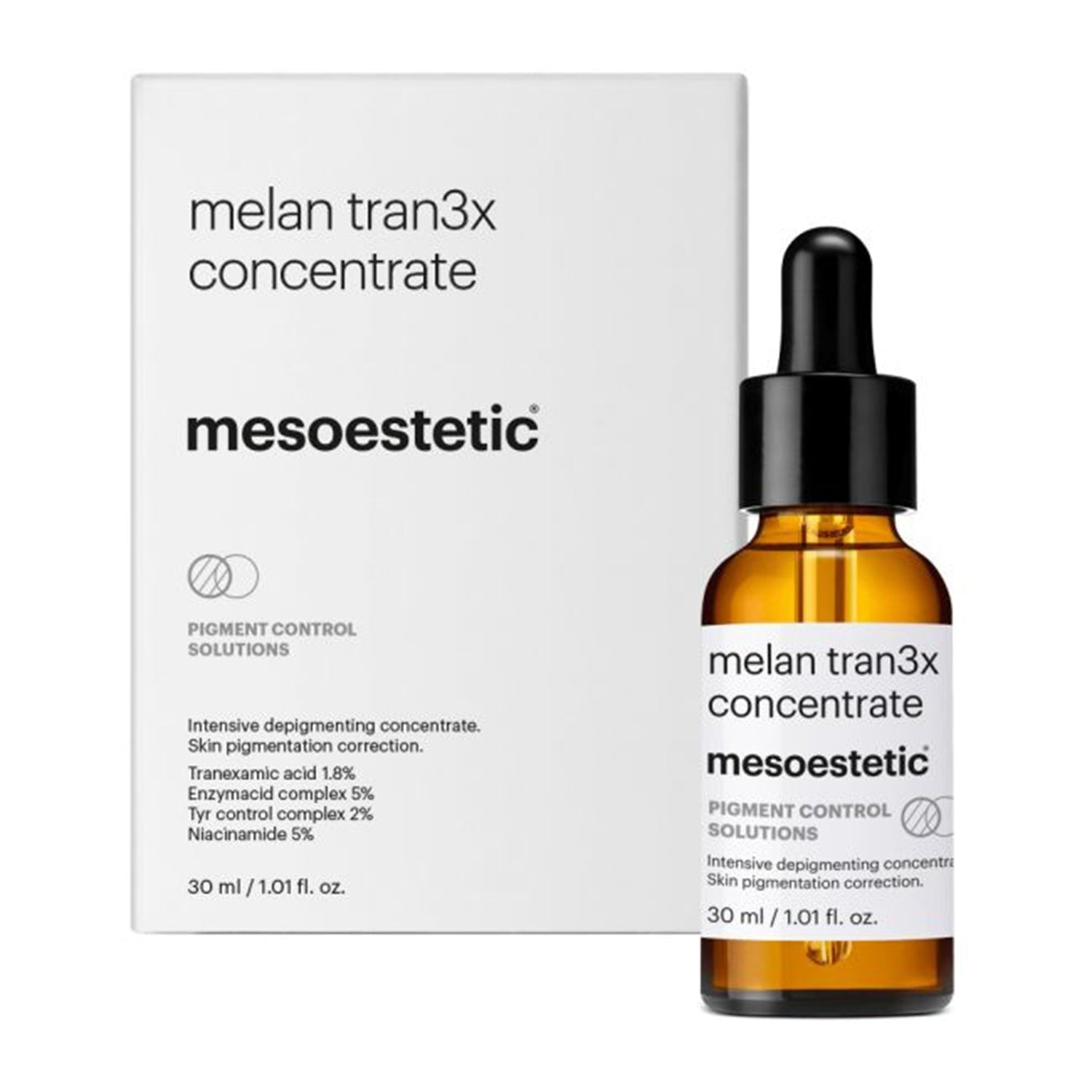 Mesoestetic Melan Tran3x Concentrate، وهو سيروم مكثف مصمم خصيصاً لعلاج تصبغات البشرة