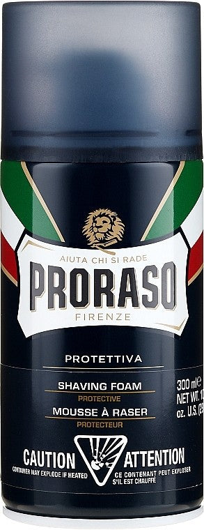 رغوة الحلاقة بروراسو (Proraso) الخط الأزرق، وهي مخصصة لتوفير حماية إضافية وترطيب للبشرة أثناء الحلاقة.