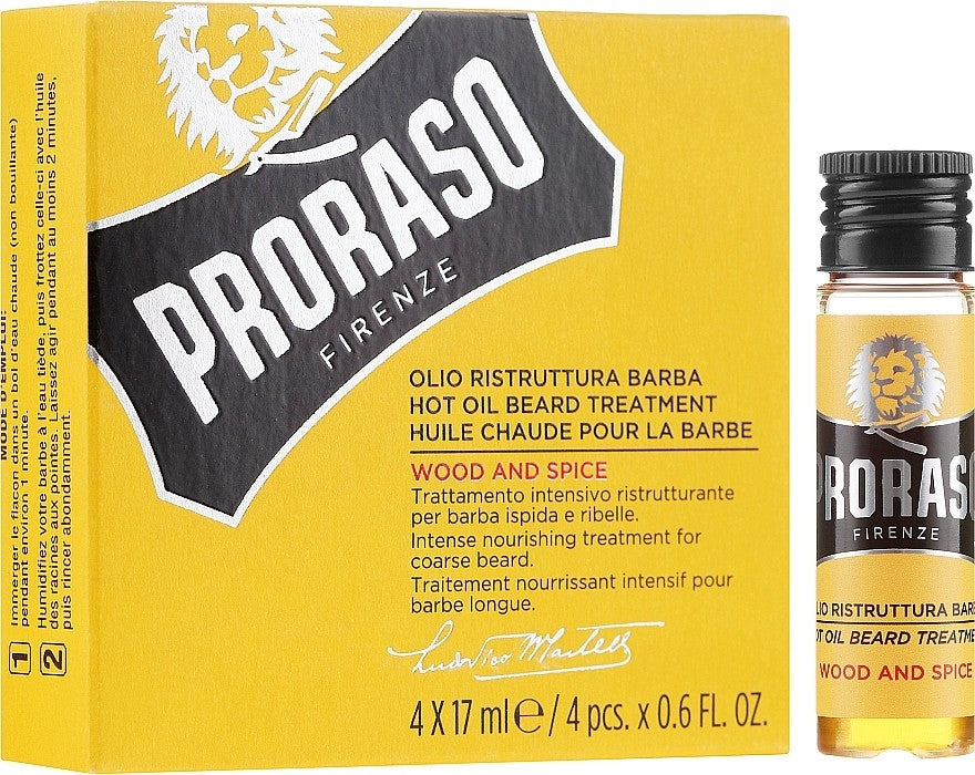 Proraso Wood and Spice Hot Oil Beard Treatment، وهو علاج مكثف مصمم لتغذية وإصلاح اللحى الخشنة والجافة والمتمردة.