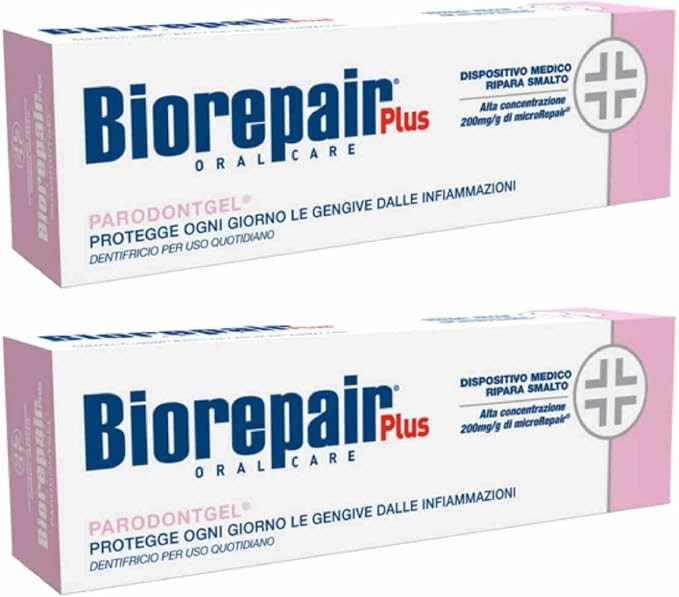 Biorepair Plus Parodontgel Intensive، وهو جل مهدئ مكثف مصمم للعناية المتقدمة باللثة ومينا الأسنان.