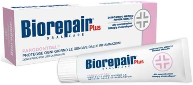 Biorepair Plus Parodontgel Intensive، وهو جل مهدئ مكثف مصمم للعناية المتقدمة باللثة ومينا الأسنان.