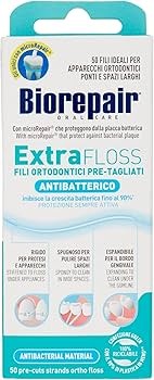 Biorepair Extra Floss، وهو عبارة عن خيوط تنظيف أسنان متخصصة (50 خيطاً مقطعاً مسبقاً) مصممة خصيصاً للأشخاص الذين لديهم تقويم أسنان، جسور، أو فراغات واسعة