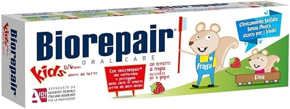 Biorepair Kids، وهو منتج مخصص للأطفال من سن 0 إلى 6 سنوات NMA. يتميز هذا المعجون بتركيبة "microRepair"