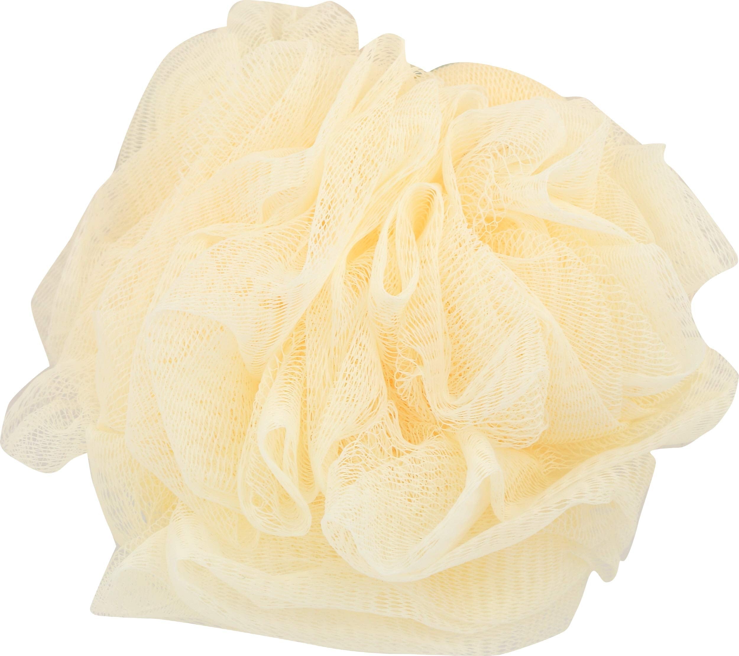 ليفة استحمام شبكية (Shower Loofah / Mesh Bath Sponge) باللون البيج أو العاجي الفاتح، وتأتي مغلفة داخل كيس بلاستيكي وردي مزود بسحاب إغلاق (Zip lock