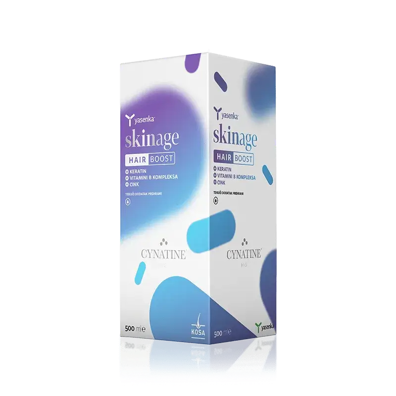 Yasenka Skinage Hair Boost، وهو عبارة عن مكمل غذائي سائل (شراب) متطور مصمم خصيصاً لتغذية الشعر من الداخل وتقويته وتحفيز نموه.