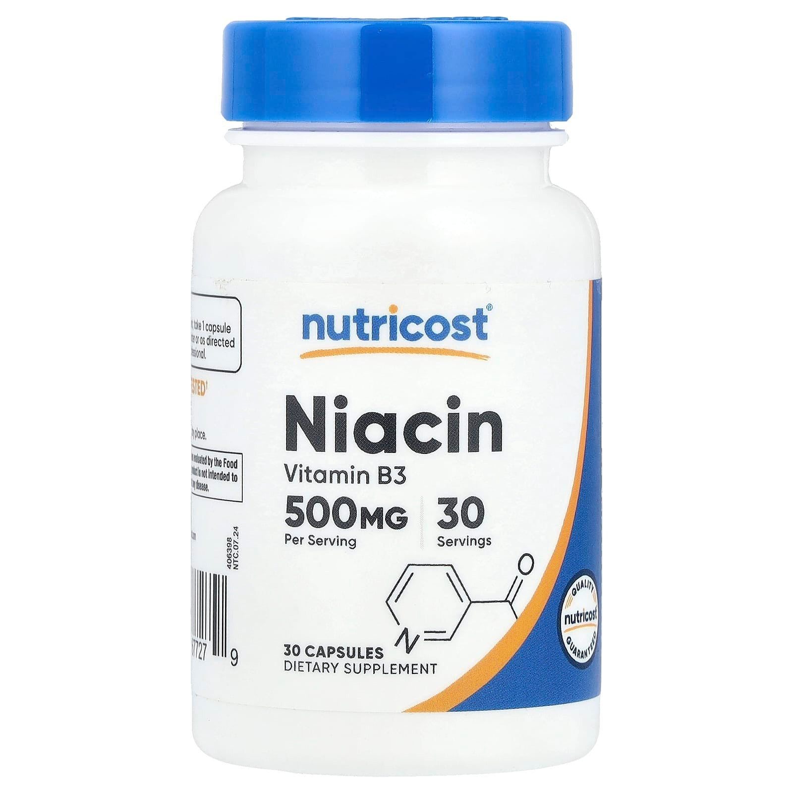 Nutricost Niacin (Vitamin B3) بتركيز 500 ملجم، وهو مكمل غذائي يُستخدم لدعم الصحة العامة والتمثيل الغذائي