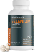 مكمل غذائي Bronson Basics Selenium 200 MCG، وهو عبارة عن عنصر السيلينيوم بتركيز 200 ميكروغرام لكل قرص. تحتوي هذه العبوة على 250 قرصاً نباتياً