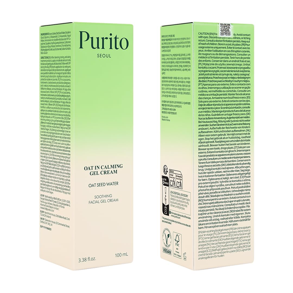 Purito Oat-In Calming Gel Cream، وهو مرطب كوري شهير يأتي بتركيبة جل خفيفة ومنعشة مصممة خصيصاً لتهدئة وترطيب البشرة