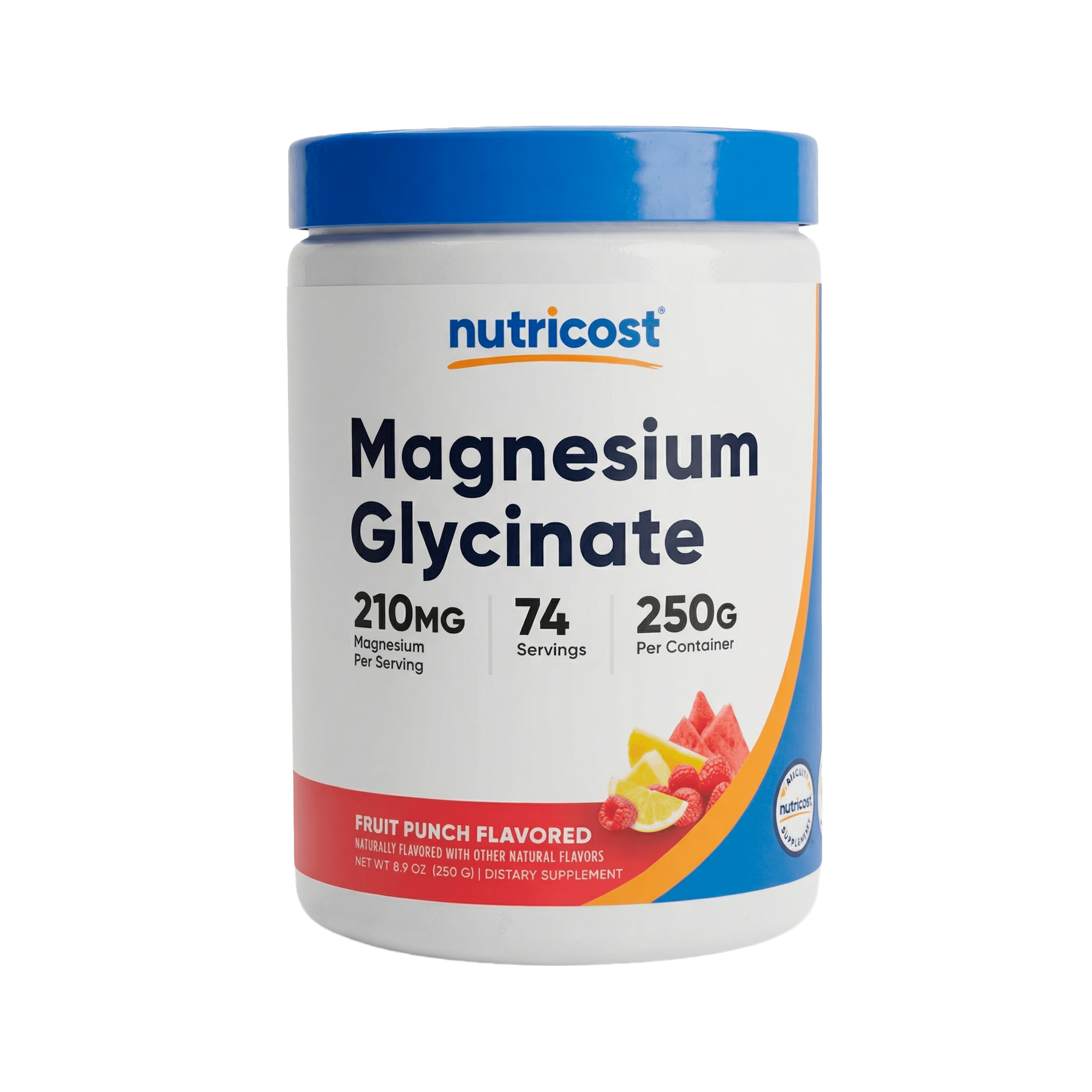 Nutricost Magnesium Glycinate (غليسينات المغنيسيوم) على شكل مسحوق (بودرة) بنكهة الفواكه (Fruit Punch) بوزن 250 غرام ويحتوي على 74 جرعة