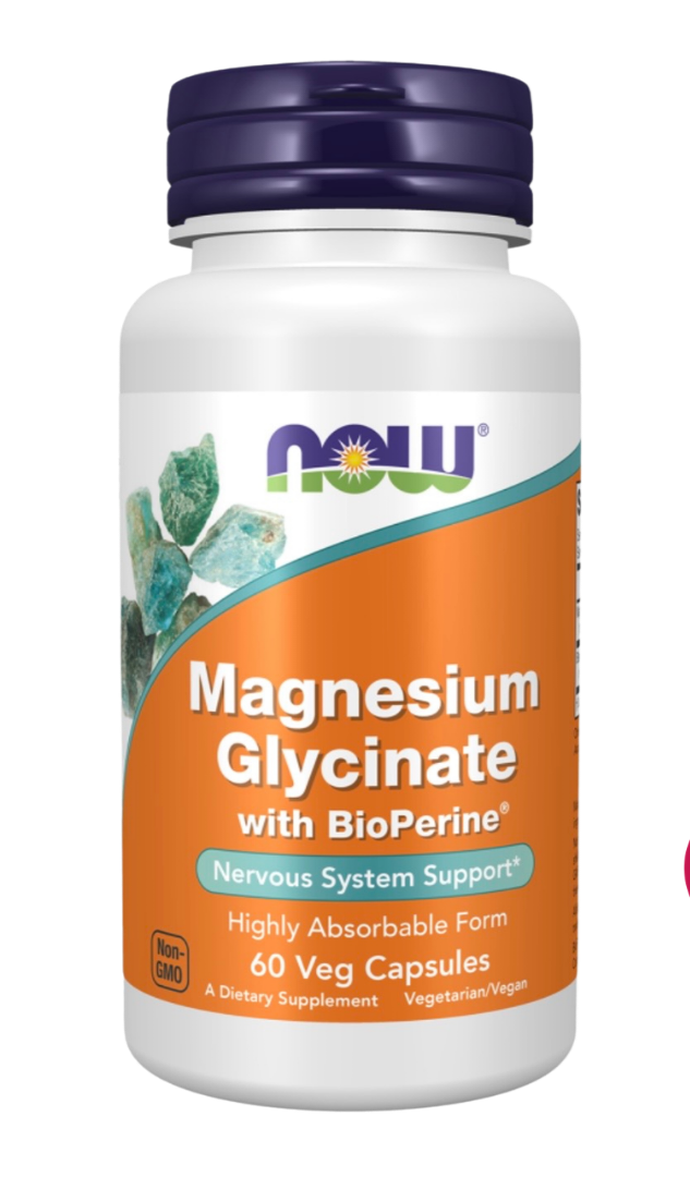 مكمل جليسينات المغنيسيوم (Magnesium Glycinate) من إنتاج شركة NOW Foods، وهي عبوة تحتوي على 180 قرصًا