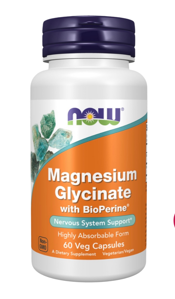 مكمل جليسينات المغنيسيوم (Magnesium Glycinate) من إنتاج شركة NOW Foods، وهي عبوة تحتوي على 180 قرصًا