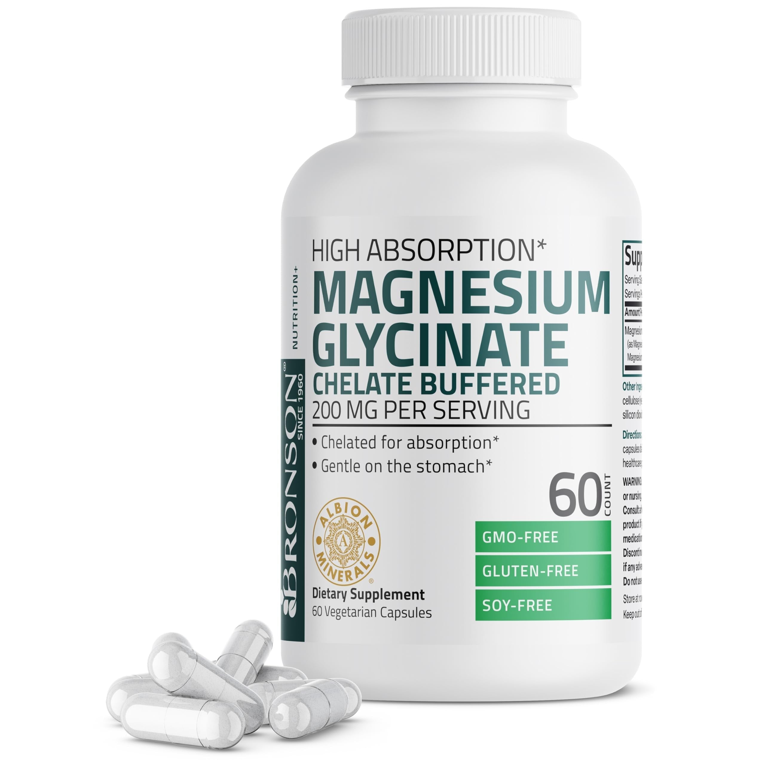 مكمل غليسينات المغنيسيوم المخلبي المخفف (Magnesium Glycinate Chelated Buffered) بتركيز 200 ملغ من شركة Bronson