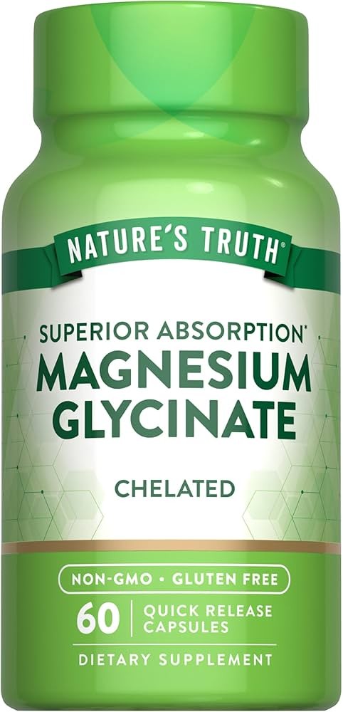 مكمل Nature's Truth Magnesium Glycinate (جليسينات المغنيسيوم المخلبي)، وهو عبوة تحتوي على 60 كبسولة سريعة المفعول