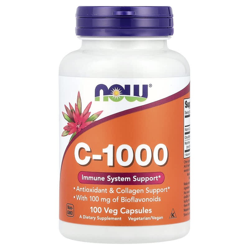 مكمل NOW Foods Vitamin C-1000، وهو مكمل غذائي يحتوي على 1000 ملغ من فيتامين ج (حمض الأسكوربيك