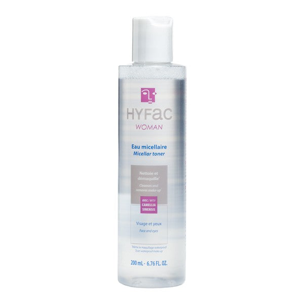 Hyfac Woman Eau Micellaire / Micellar Toner (بحجم 200 مل). وهو عبارة عن ماء ميسيلار وتونر مخصص لتنظيف البشرة وإزالة المكياج.