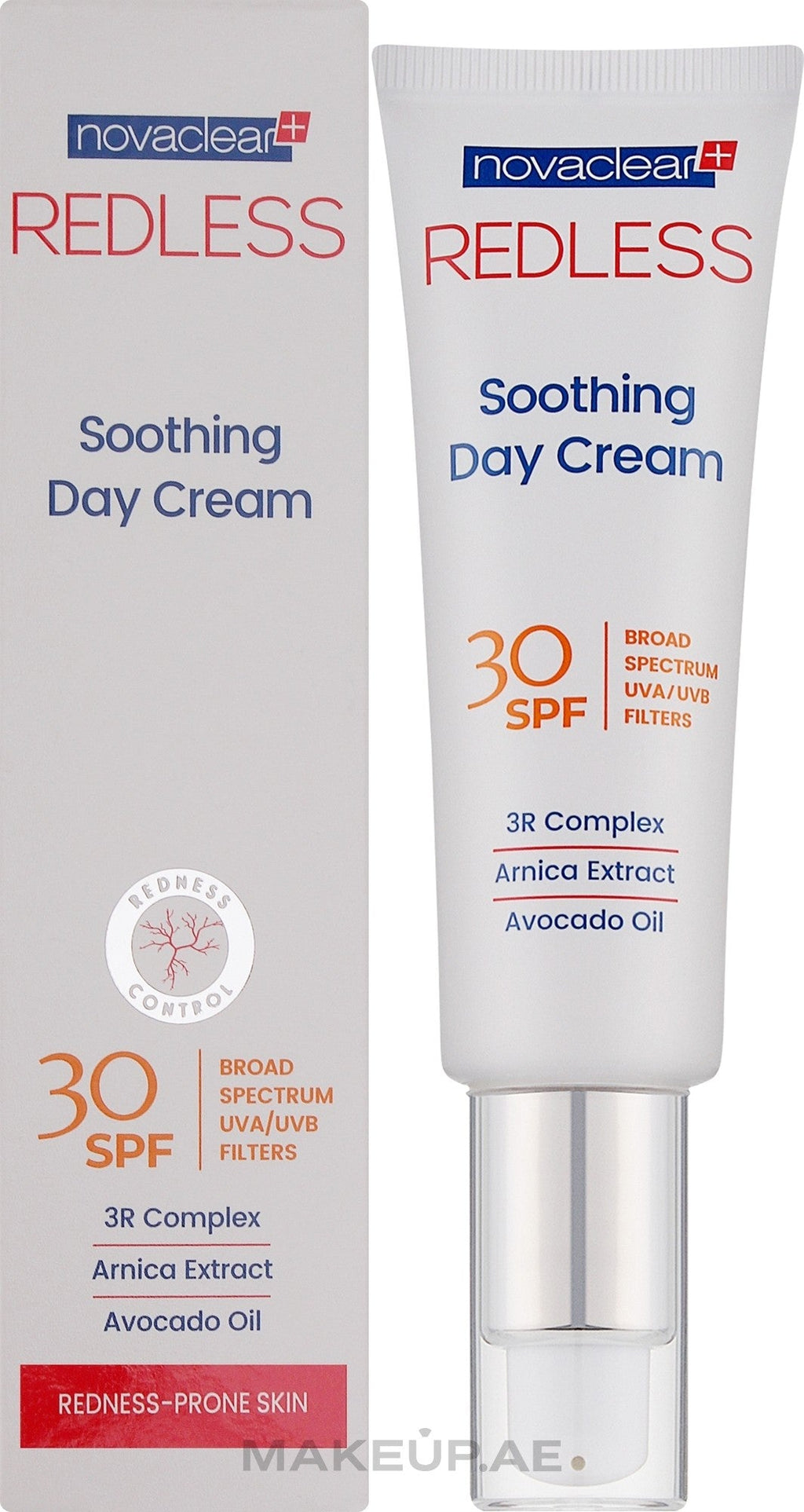 كريم النهار المهدئ Novaclear Redless Soothing Day Cream SPF 30، وهو مرطب يومي مخصص للعناية بـ البشرة الحساسة، المتهيجة، والمعرضة للاحمرار أو الوردية.