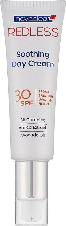 كريم النهار المهدئ Novaclear Redless Soothing Day Cream SPF 30، وهو مرطب يومي مخصص للعناية بـ البشرة الحساسة، المتهيجة، والمعرضة للاحمرار أو الوردية.