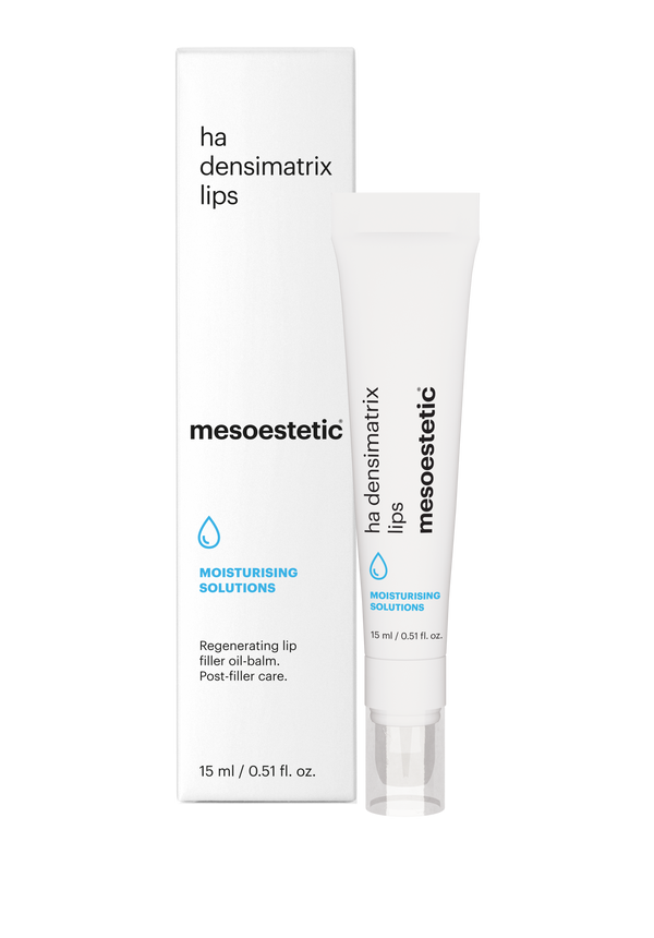 Mesoestetic ha densimatrix lips، وهو بلسم وزيت علاجي متطور ومخصص للعناية المكثفة بالشفاه.