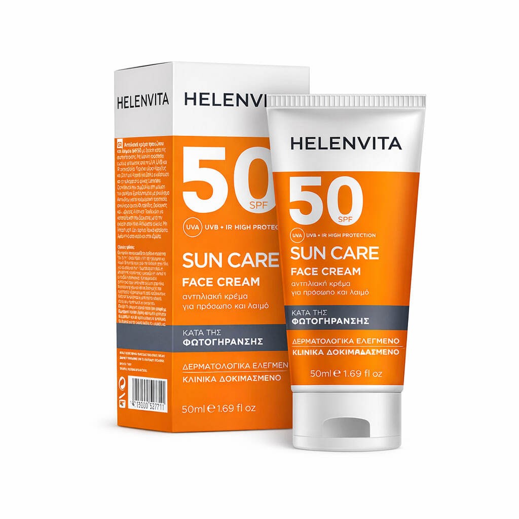 واقي شمس للوجه من ماركة Helenvita اليونانية، بعامل حماية عالي جداً SPF 50 ومقاوم لشيخوخة البشرة الضوئية.