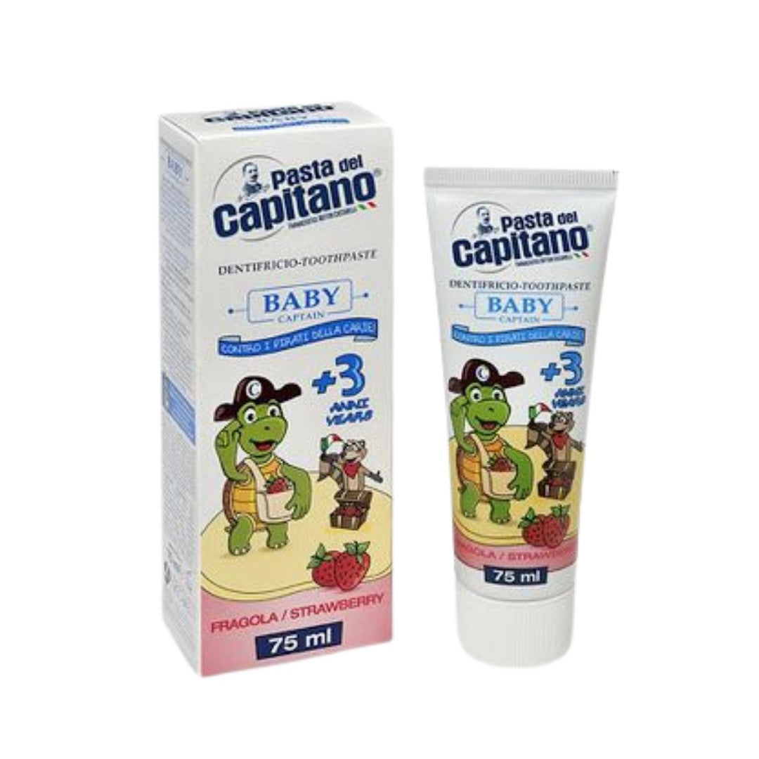 Pasta del Capitano Baby Strawberry Toothpaste 3+ – 75ml | باستا ديل كابيتانو معجون أطفال بالفراولة لحماية الأسنان اللبنية من عمر 3 سنوات – 75 مل