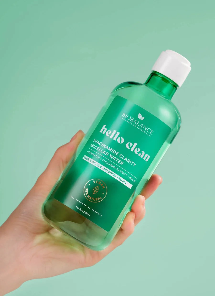BIOBALANCE Hello Clean Ceramide Booster Bi-Phase Micellar Water – 500ml | بيو بالانس ماء ميسيلار ثنائي الطور بالسيراميد لإزالة المكياج المقاوم للماء ودعم حاجز البشرة – 500 مل