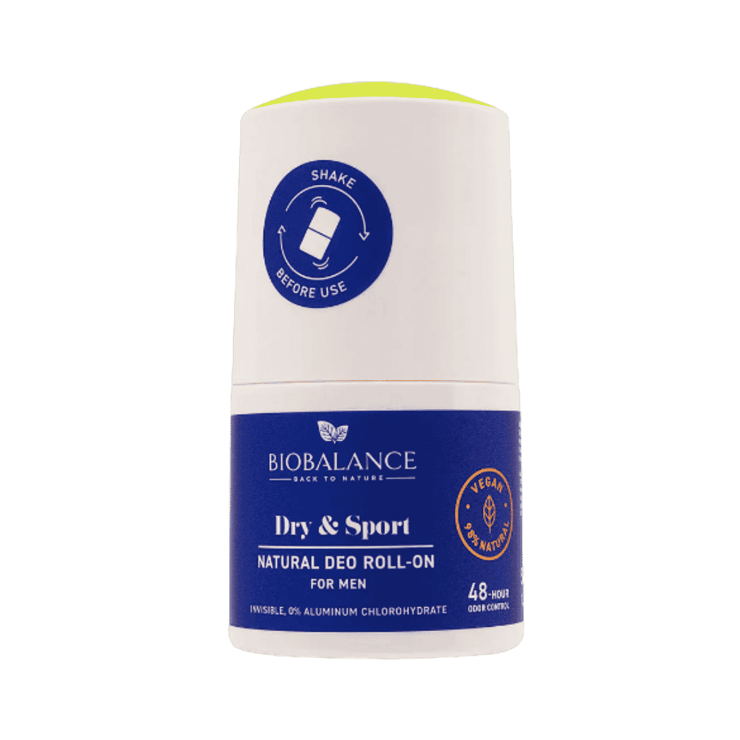 BIOBALANCE Dry & Sport For Men Natural Deo Roll-On – 50ml | بيو بالانس رول مزيل للرائحة للرجال للانتعاش والتحكم بالرطوبة لمدة 48 ساعة – 50 مل